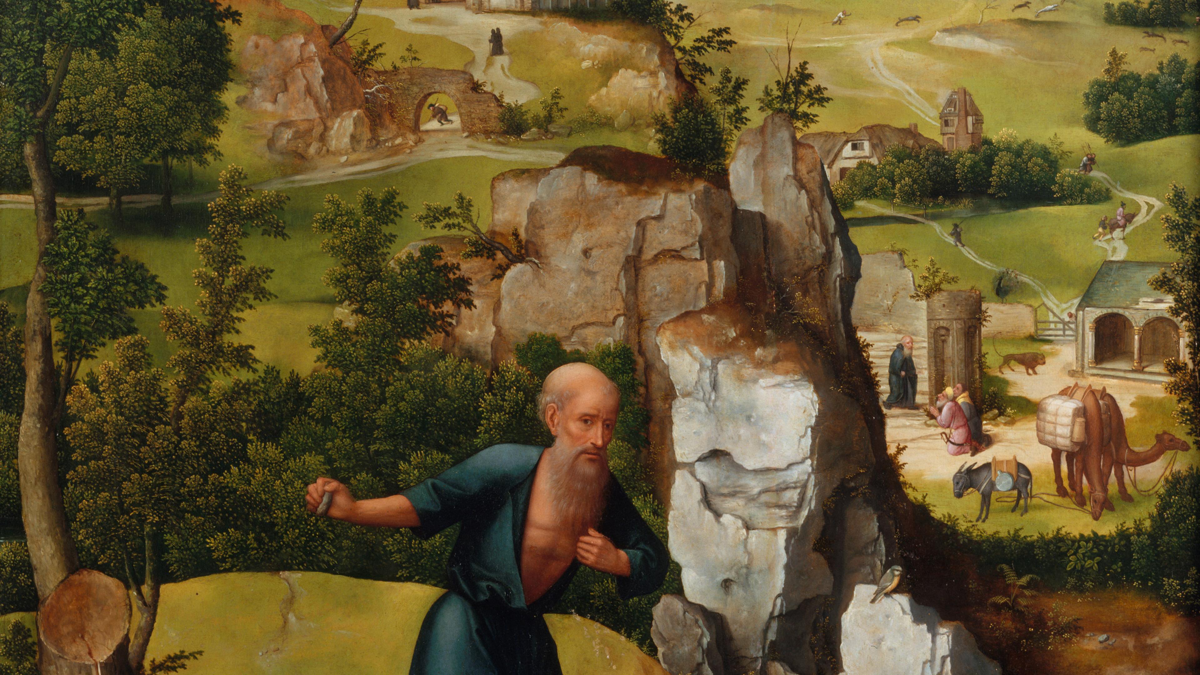 A figure beats his chest while perched on a rocky outcrop over a pastoral scene.