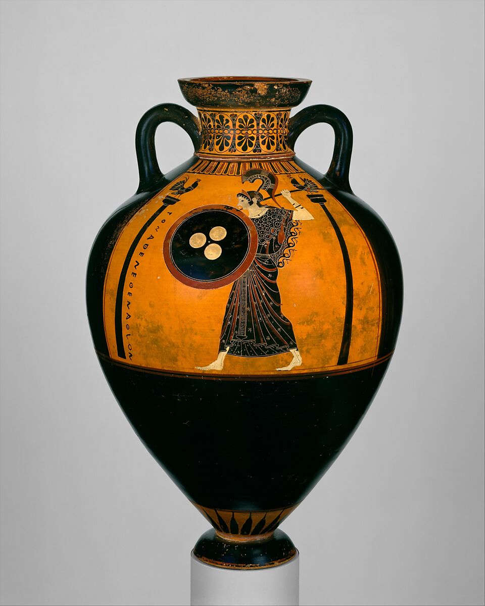 Terracotta Panathenaic prize amphora, Attributed to the Euphiletos Painter, Terracotta, Greek, Attic