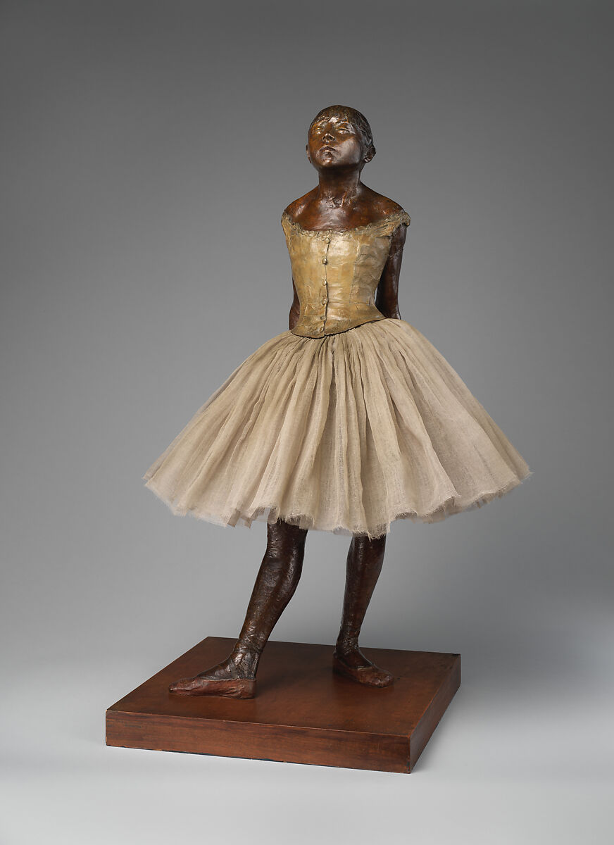 The Little Fourteen-Year-Old Dancer, Edgar Degas (French, Paris 1834–1917 Paris), Partially tinted bronze, cotton tarlatan, silk satin, and wood, French, Paris